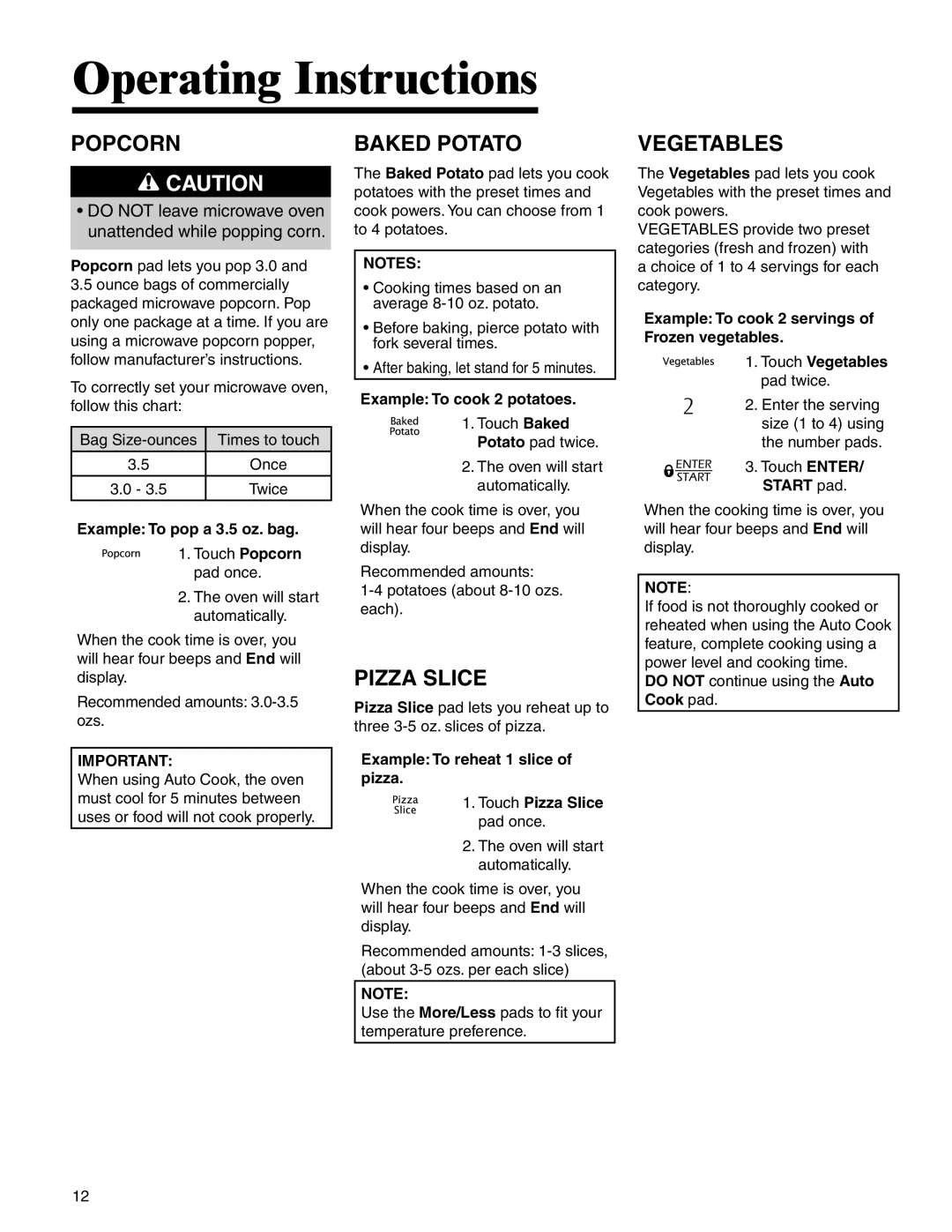 Amana MMV1153BA important safety instructions Popcorn, Baked Potato, Pizza Slice, Vegetables 