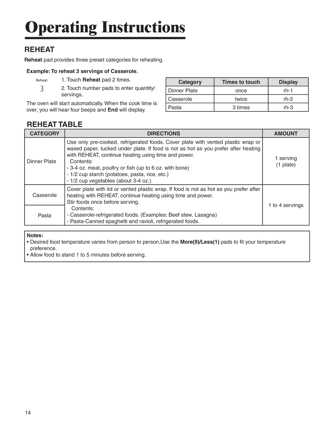 Amana MMV1153BA Reheat Table, Example To reheat 3 servings of Casserole, Category Directions Amount 