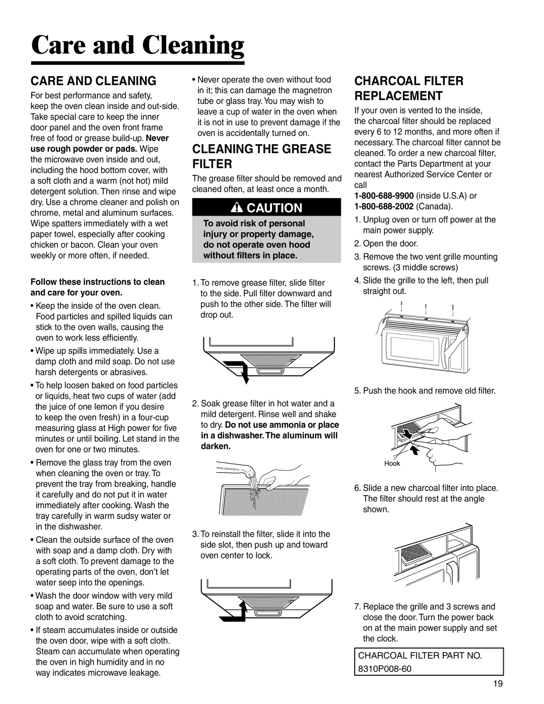 Amana MMV1153BA important safety instructions Care and Cleaning, Cleaning the Grease Filter, Charcoal Filter Replacement 