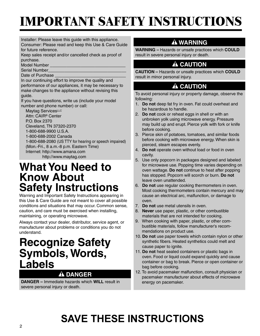 Amana MMV1153BA important safety instructions Important Safety Instructions 