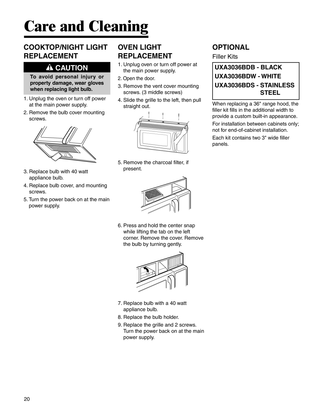 Amana MMV1153BA important safety instructions COOKTOP/NIGHT Light Replacement, Oven Light Replacement, Optional 