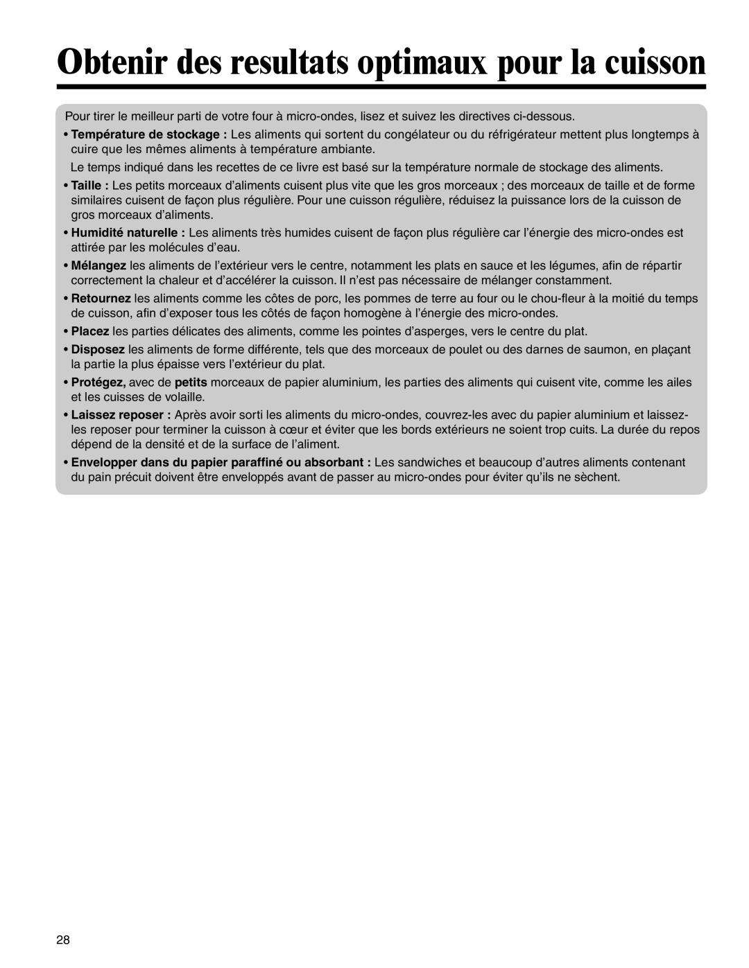 Amana MMV1153BA important safety instructions Obtenir des resultats optimaux pour la cuisson 