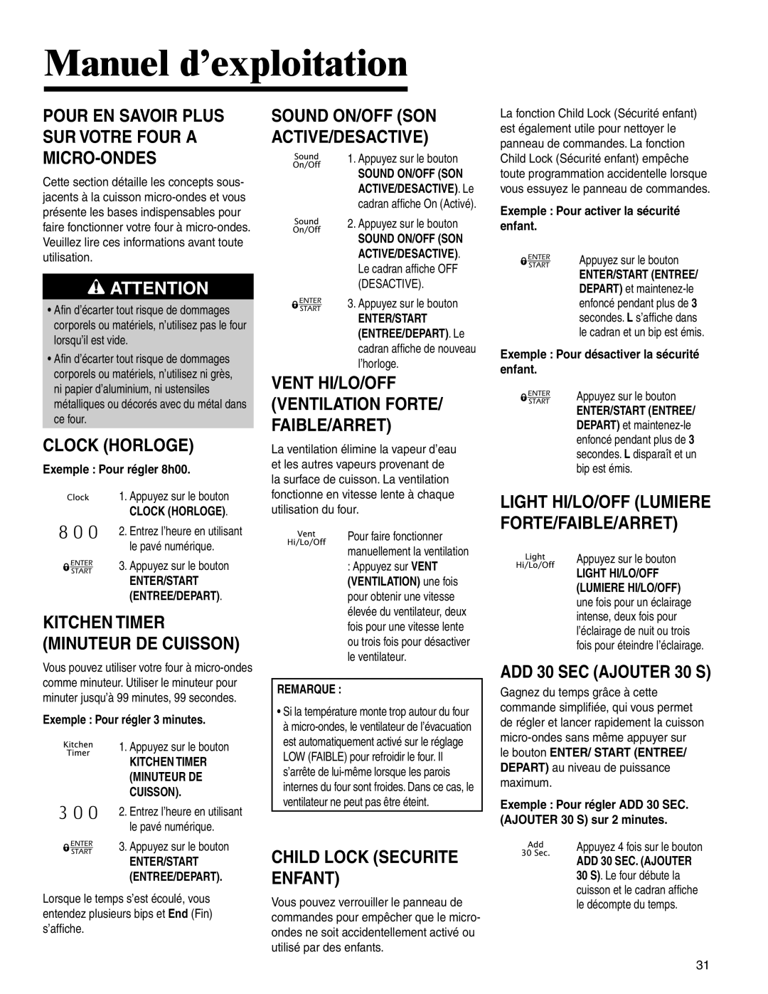 Amana MMV1153BA Manuel d’exploitation, Clock Horloge, Child Lock Securite Enfant, ADD 30 SEC Ajouter 30 S, Remarque 