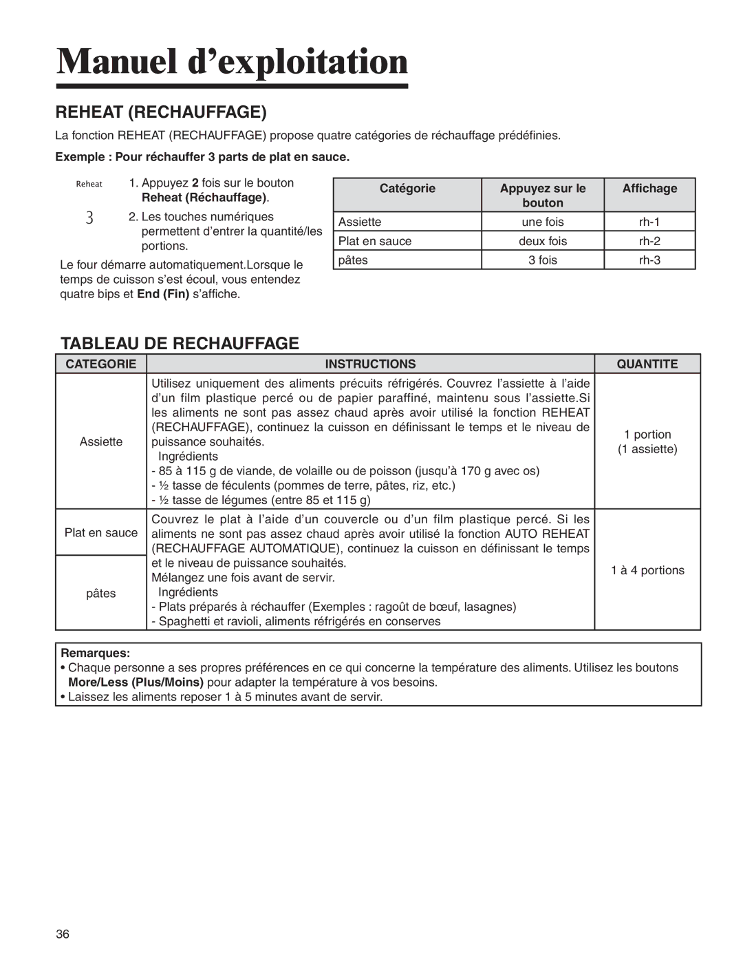 Amana MMV1153BA Reheat Rechauffage, Tableau DE Rechauffage, Exemple Pour réchauffer 3 parts de plat en sauce 