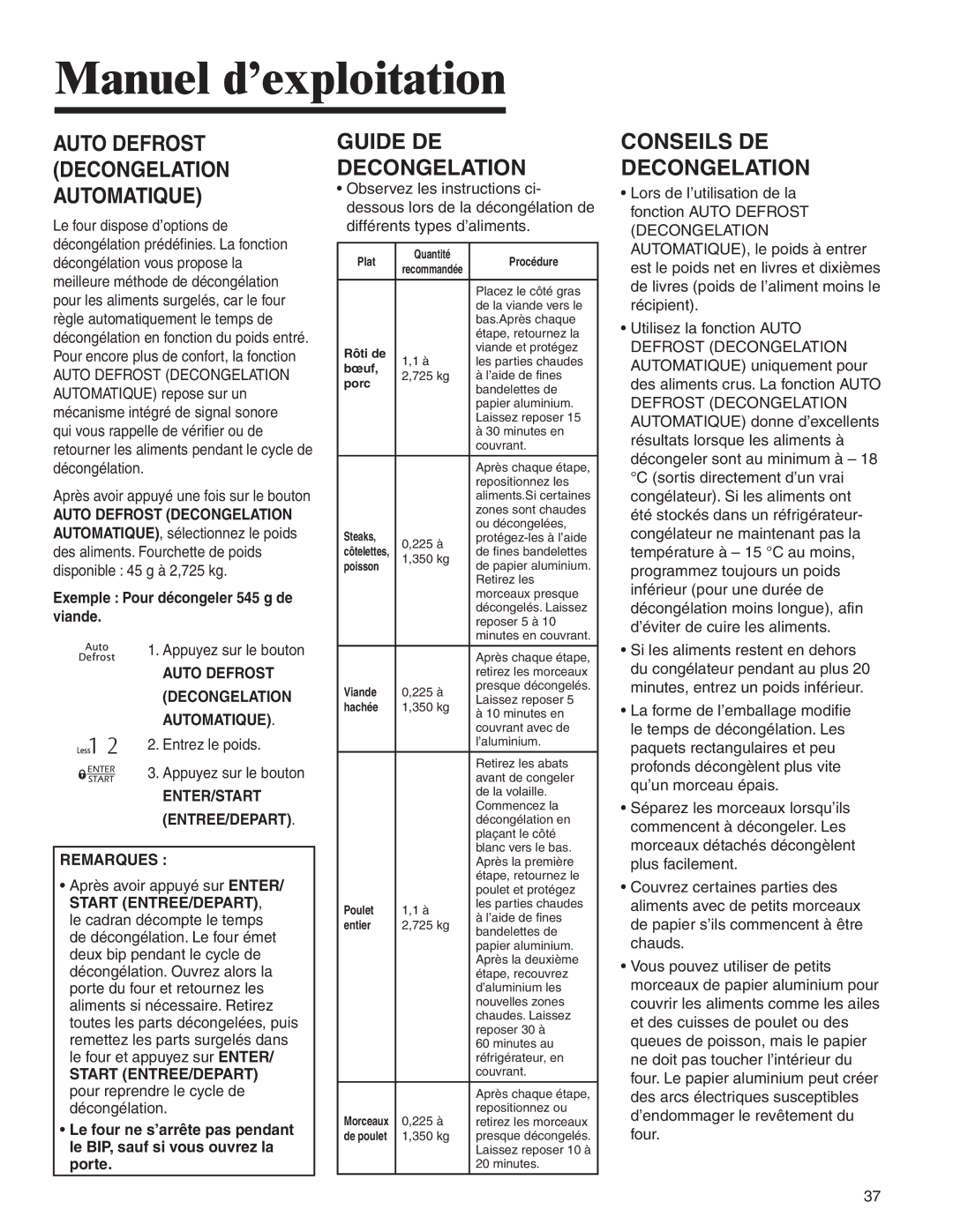 Amana MMV1153BA Guide DE Decongelation, Conseils DE Decongelation, Exemple Pour décongeler 545 g de viande, Remarques 