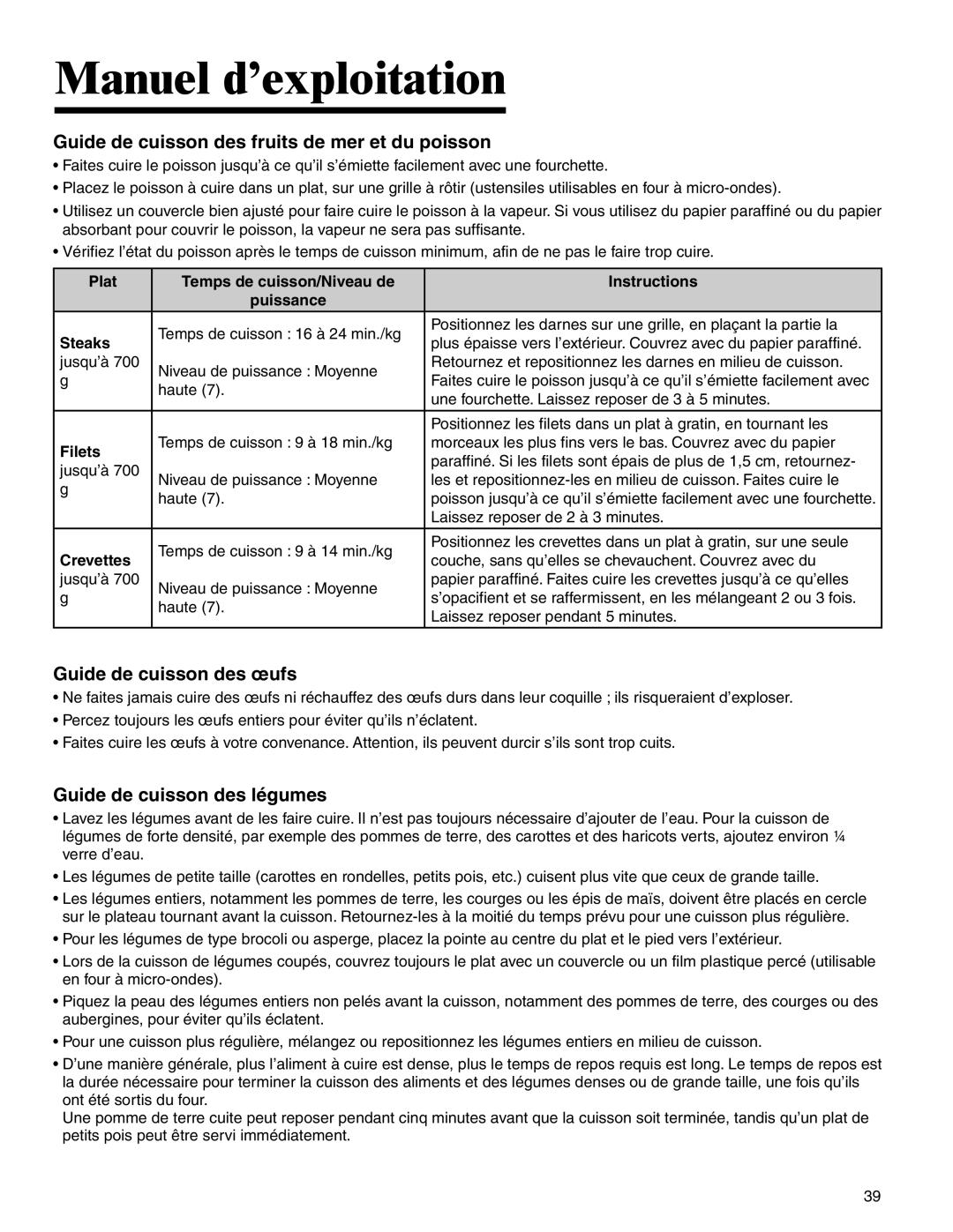 Amana MMV1153BA important safety instructions Plat Temps de cuisson/Niveau de Instructions Puissance, Filets, Crevettes 