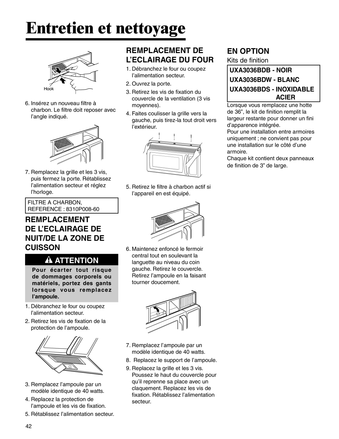 Amana MMV1153BA important safety instructions Remplacement DE L’ECLAIRAGE DE NUIT/DE LA Zone DE Cuisson, EN Option 