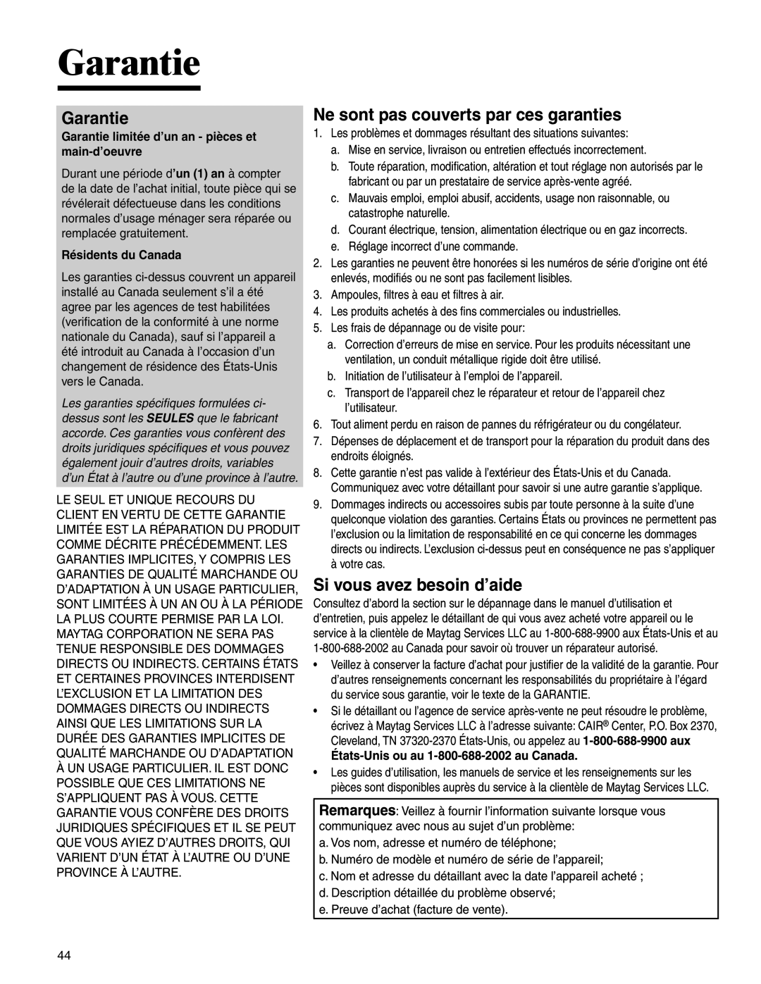 Amana MMV1153BA important safety instructions Garantie limitée d’un an pièces et main-d’oeuvre, Résidents du Canada 