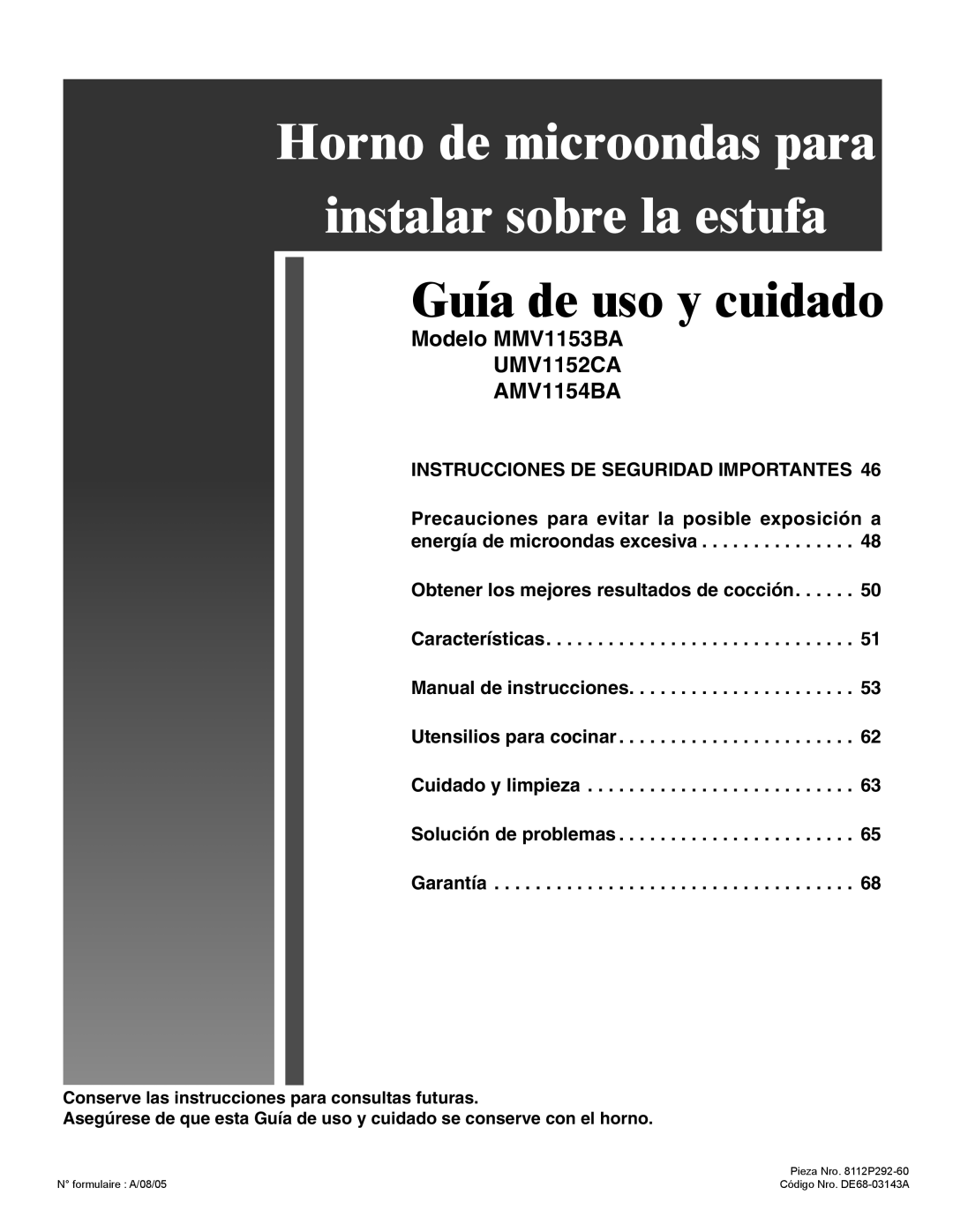 Amana MMV1153BA important safety instructions Horno de microondas para Instalar sobre la estufa 