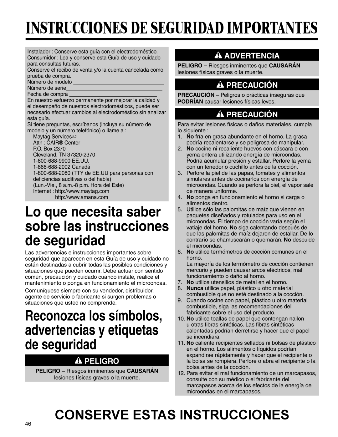 Amana MMV1153BA important safety instructions Conserve Estas Instrucciones 