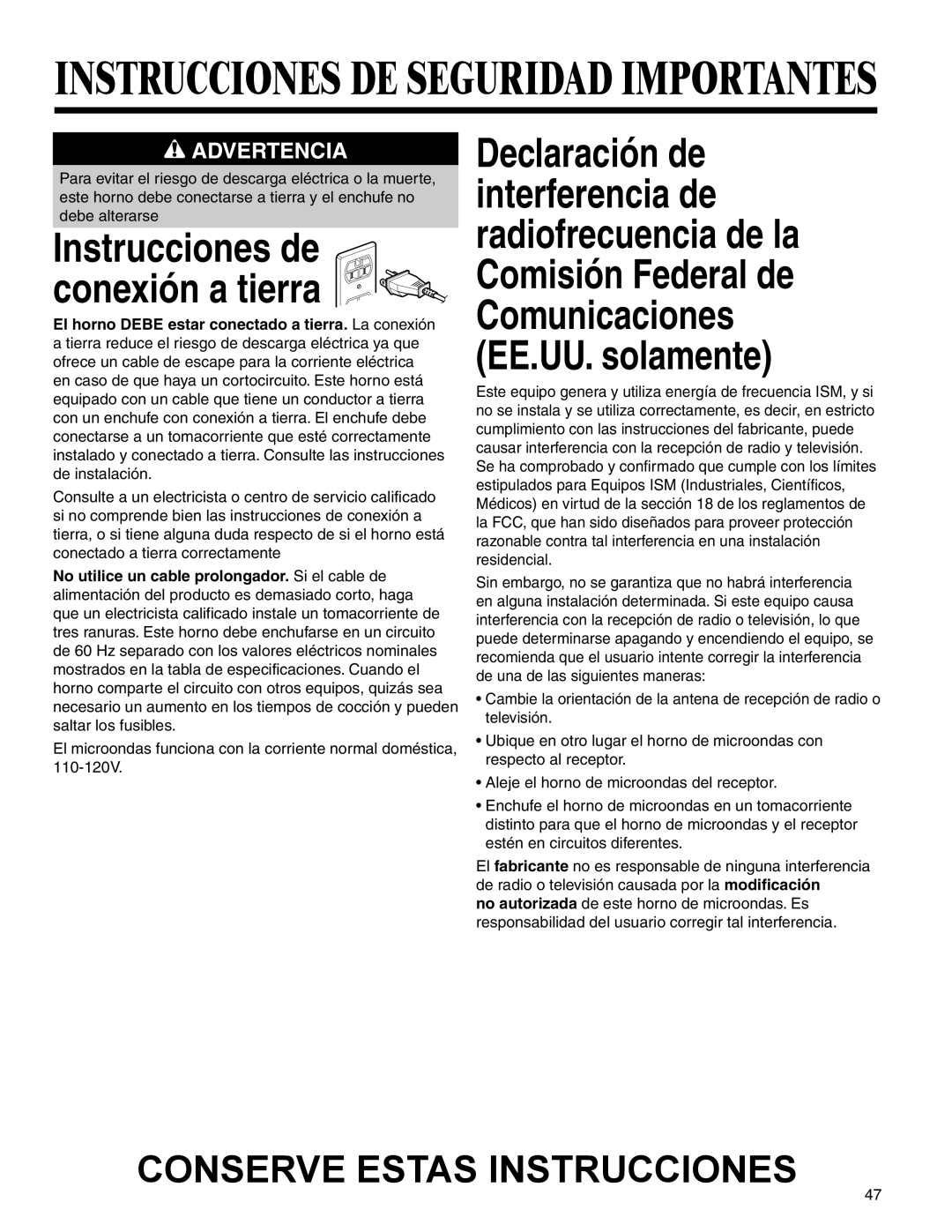 Amana MMV1153BA important safety instructions Instrucciones de conexión a tierra 