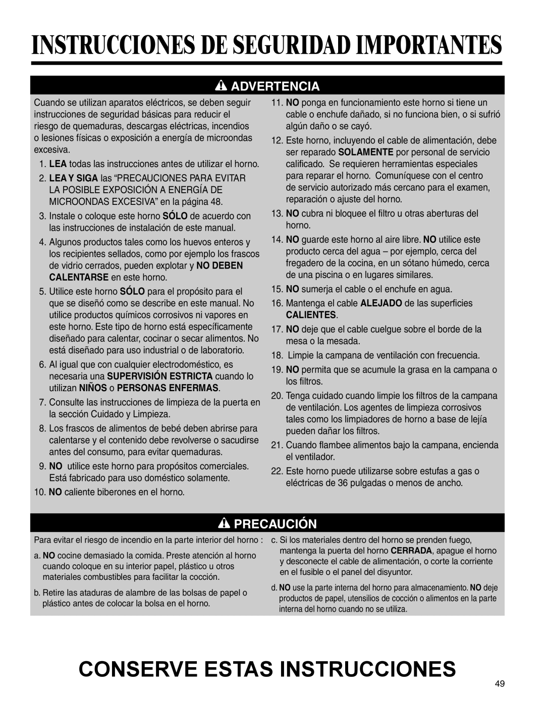 Amana MMV1153BA important safety instructions Calientes 