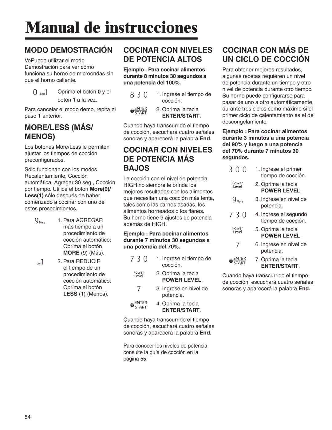 Amana MMV1153BA important safety instructions Modo Demostración, MORE/LESS MÁS Menos, Cocinar CON Niveles DE Potencia Altos 
