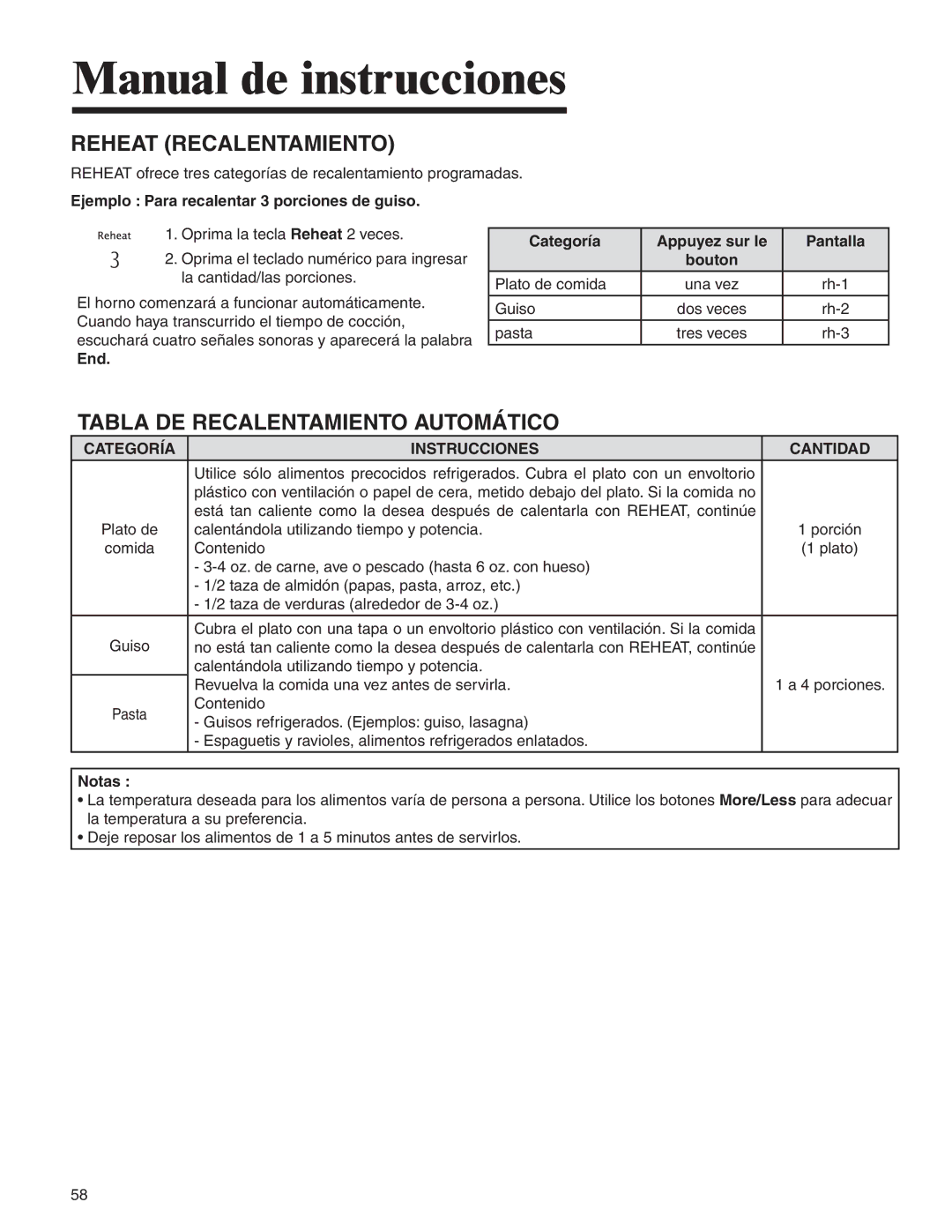 Amana MMV1153BA Reheat Recalentamiento, Tabla DE Recalentamiento Automático, Ejemplo Para recalentar 3 porciones de guiso 