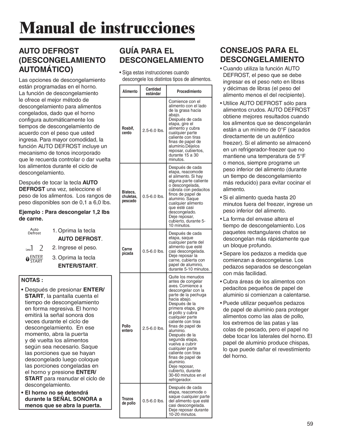 Amana MMV1153BA important safety instructions Ejemplo Para descongelar 1,2 lbs de carne, Auto Defrost, ENTER/START Notas 