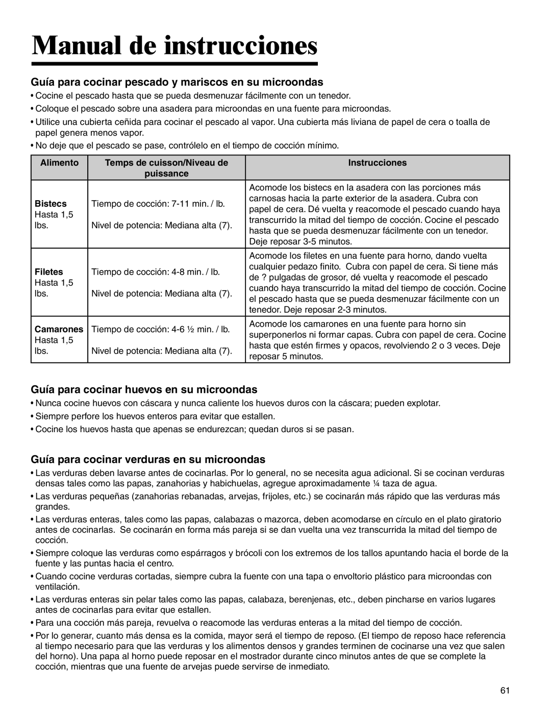 Amana MMV1153BA Alimento Temps de cuisson/Niveau de Instrucciones Puissance, Bistecs, Filetes, Camarones 