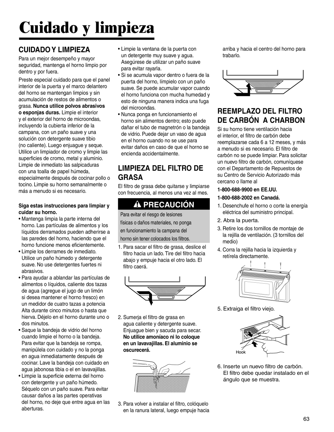 Amana MMV1153BA Cuidado y limpieza, Cuidado Y Limpieza, Limpieza DEL Filtro DE Grasa, En EE.UU En Canadá 