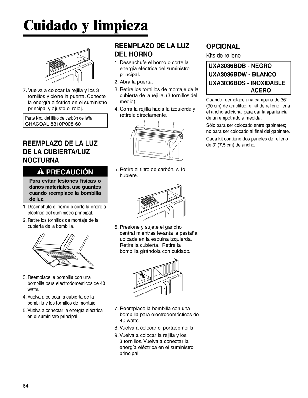 Amana MMV1153BA important safety instructions Reemplazo DE LA LUZ DEL Horno, Opcional 