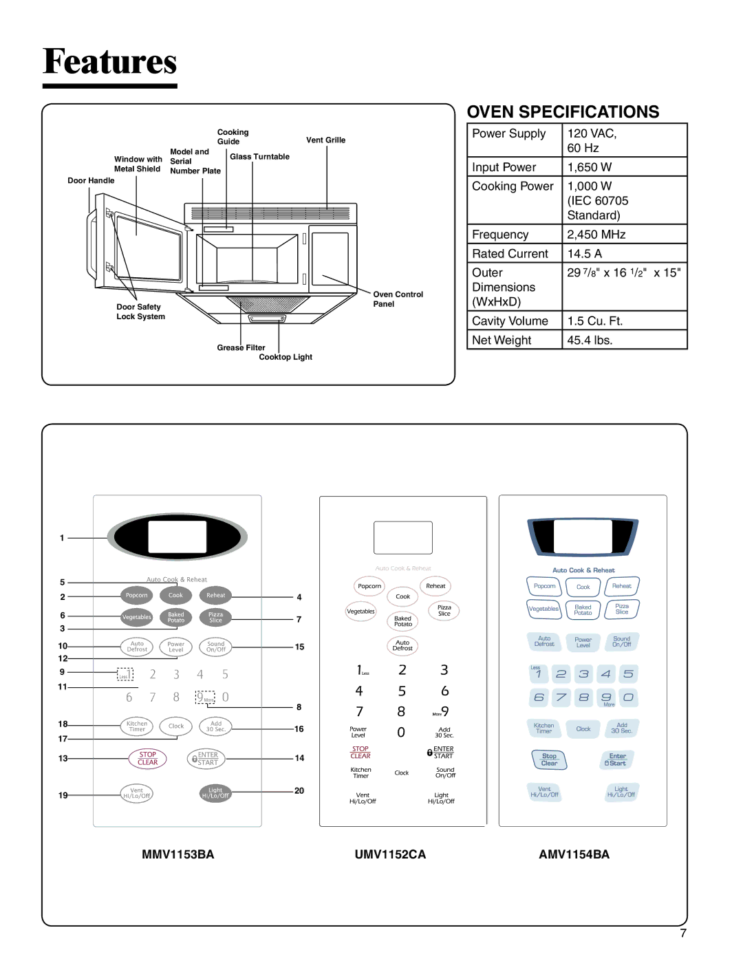 Amana important safety instructions Features, Oven Specifications, MMV1153BA UMV1152CA AMV1154BA 