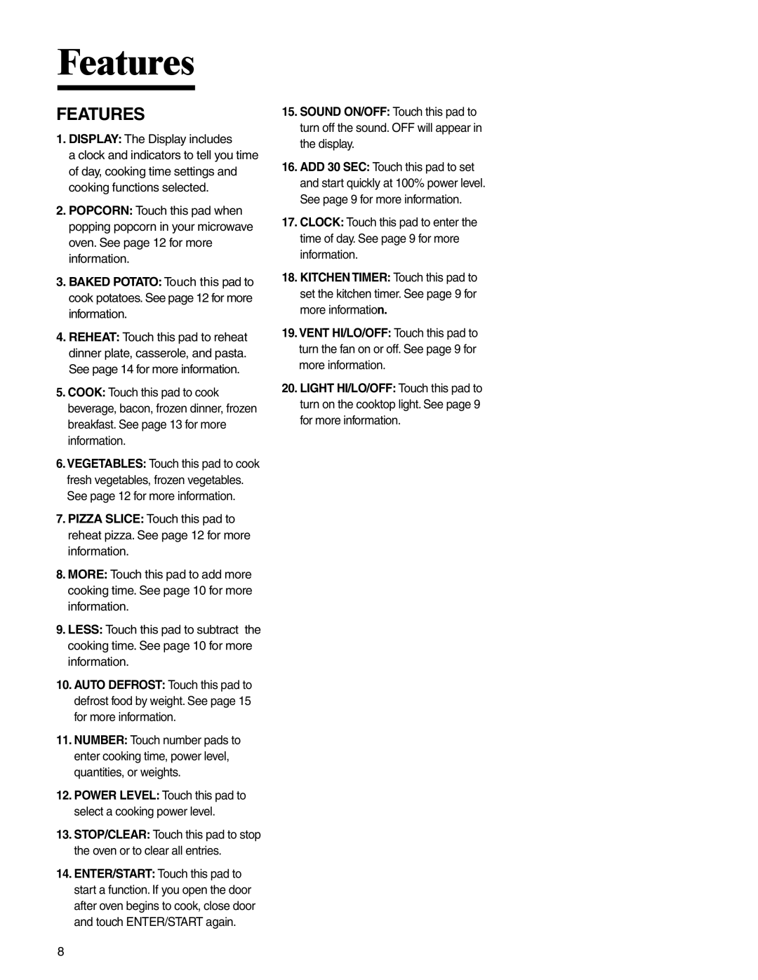 Amana MMV1153BA important safety instructions Features 