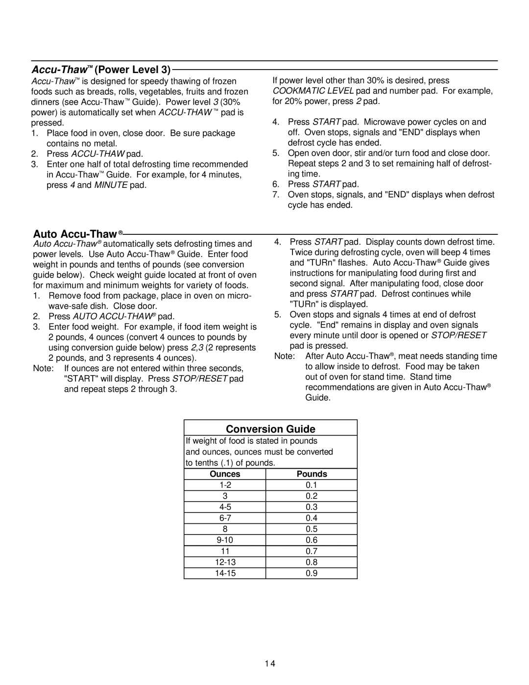 Amana MVH220W, MH220E manual Auto Accu-Thaw, Accu-ThawPower Level, Conversion Guide, Ounces Pounds 