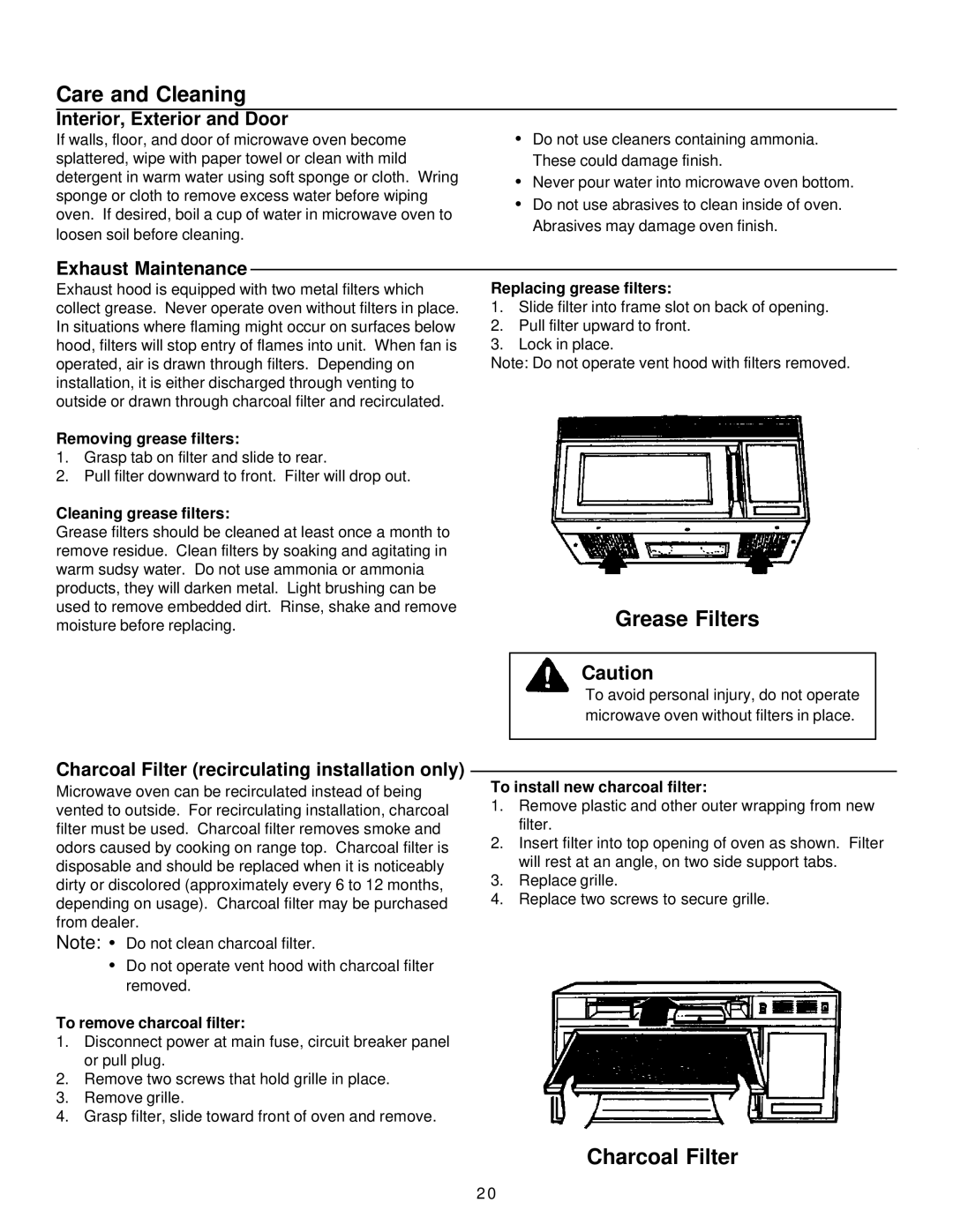 Amana MVH220W, MH220E manual Care and Cleaning, Grease Filters, Charcoal Filter 