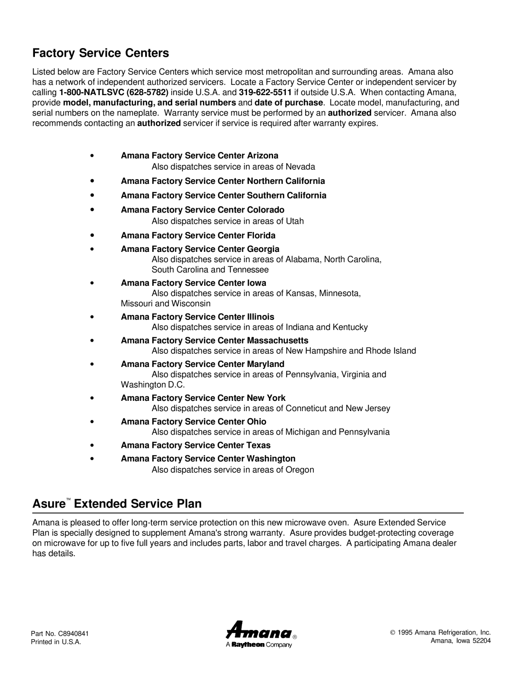 Amana MVH220W, MH220E manual Factory Service Centers, Asure Extended Service Plan 