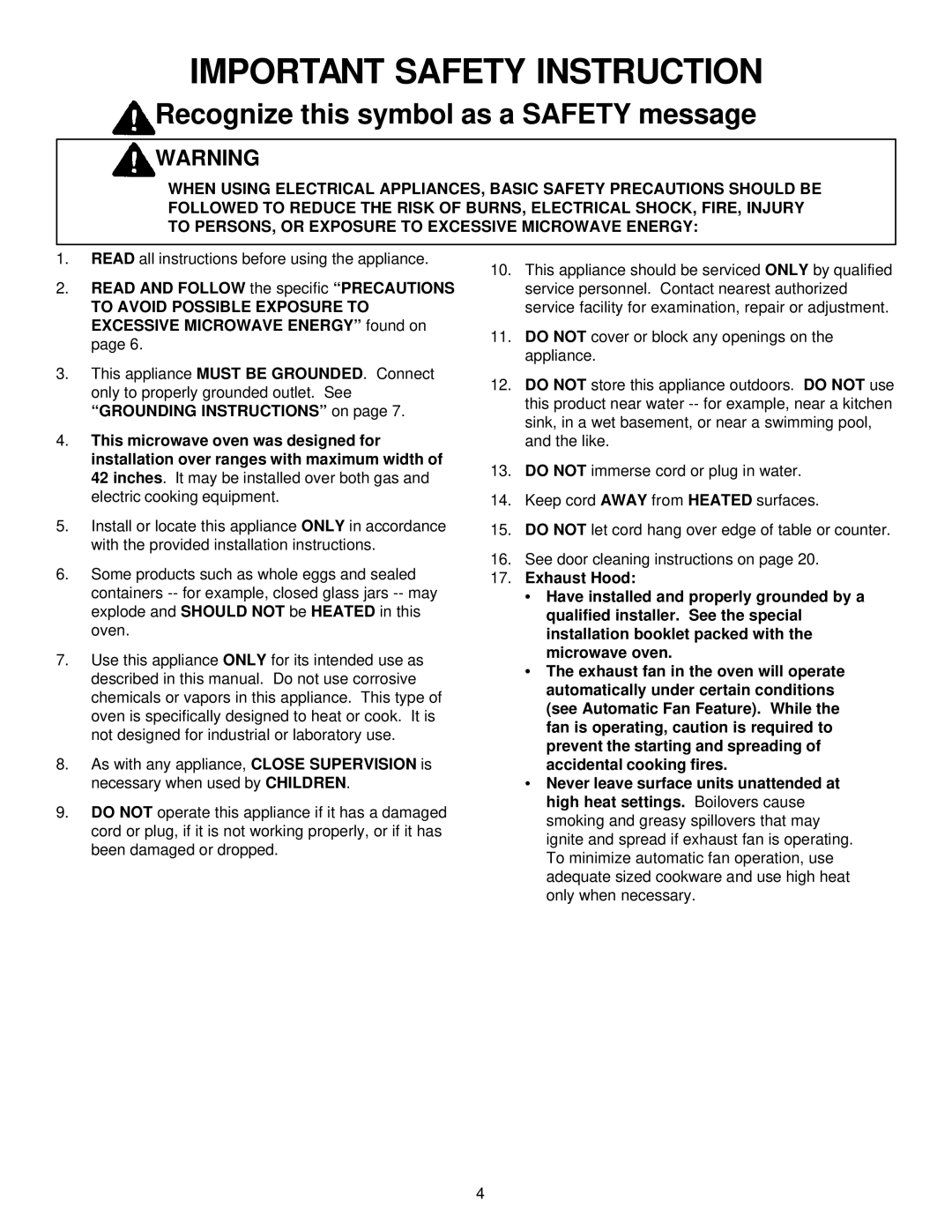 Amana MVH220W, MH220E manual Important Safety Instruction 