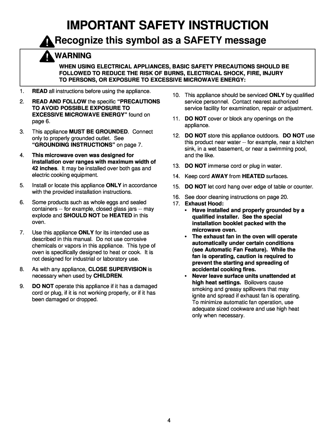Amana MVH220W, MH220E manual Important Safety Instruction, Recognize this symbol as a SAFETY message 