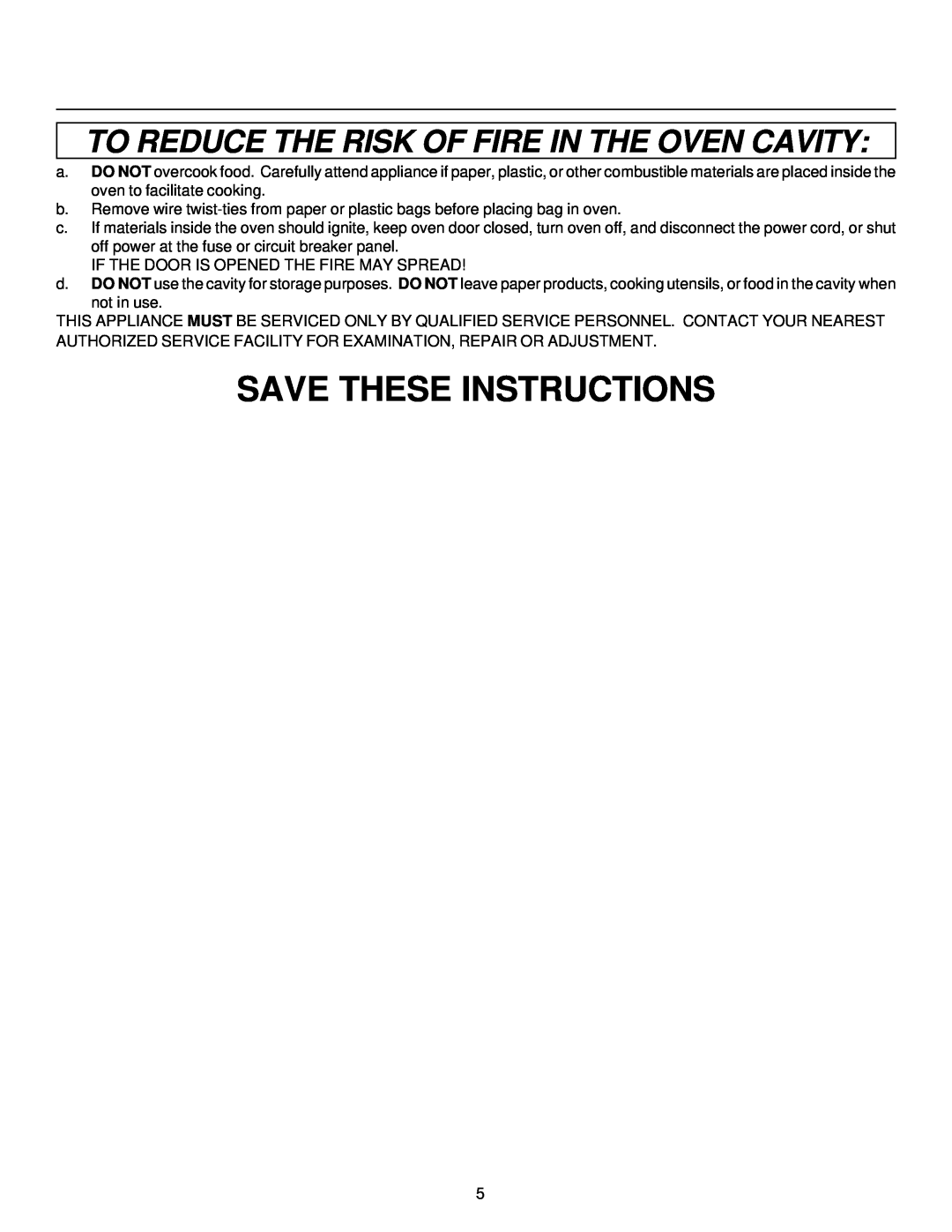 Amana MH220E, MVH220W manual Save These Instructions, To Reduce The Risk Of Fire In The Oven Cavity 