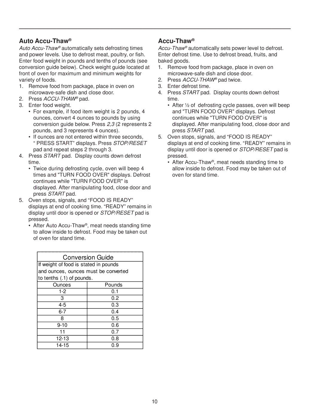 Amana MVH230 owner manual Auto Accu-Thaw, Conversion Guide, Ounces Pounds 