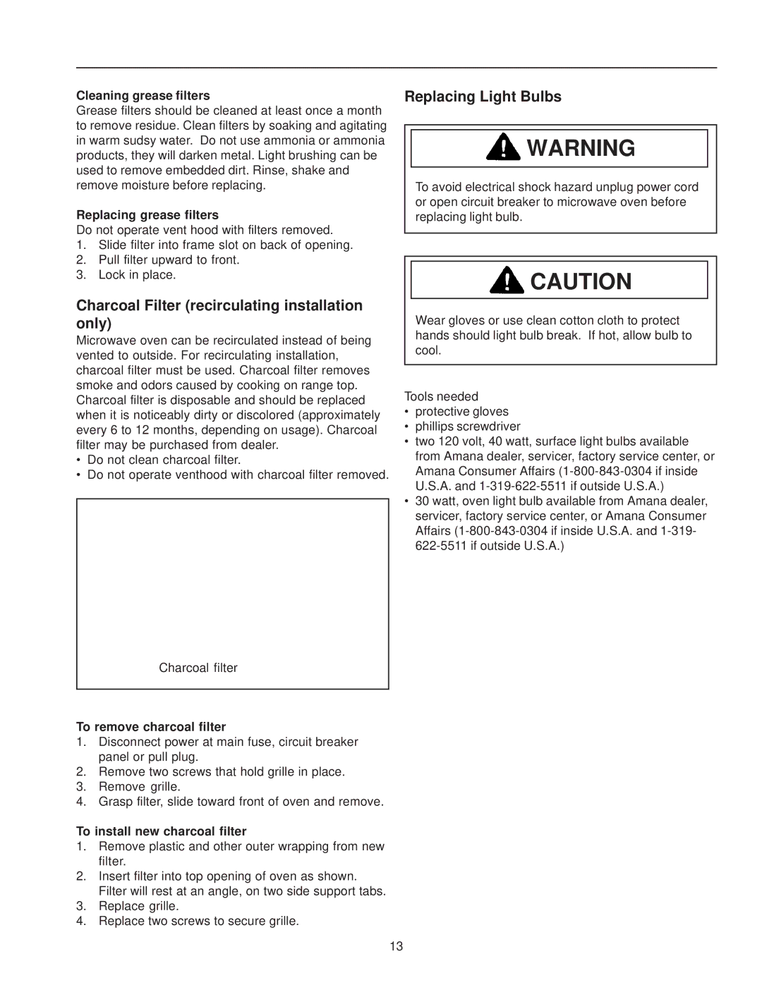 Amana MVH230 owner manual Charcoal Filter recirculating installation only, Replacing Light Bulbs 