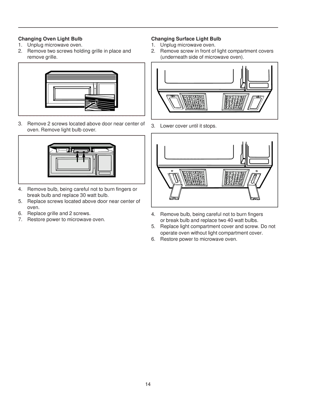 Amana MVH230 owner manual Changing Oven Light Bulb, Changing Surface Light Bulb 