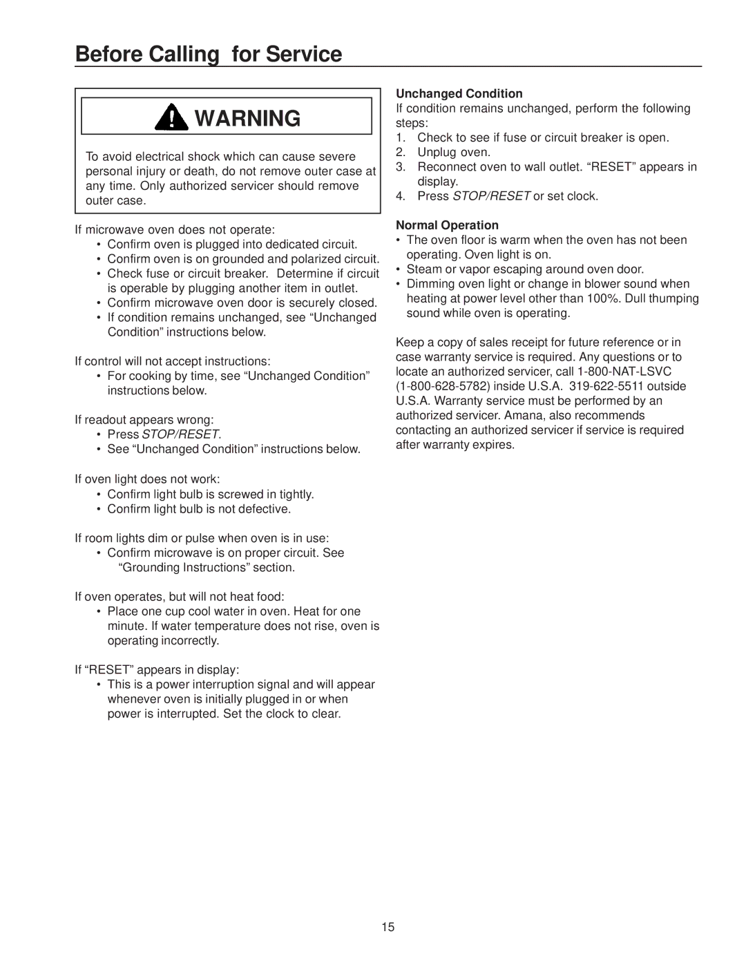 Amana MVH230 owner manual Before Calling for Service, Unchanged Condition, Normal Operation 