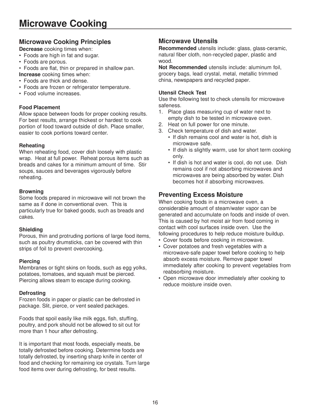 Amana MVH230 owner manual Microwave Cooking Principles, Microwave Utensils, Preventing Excess Moisture 