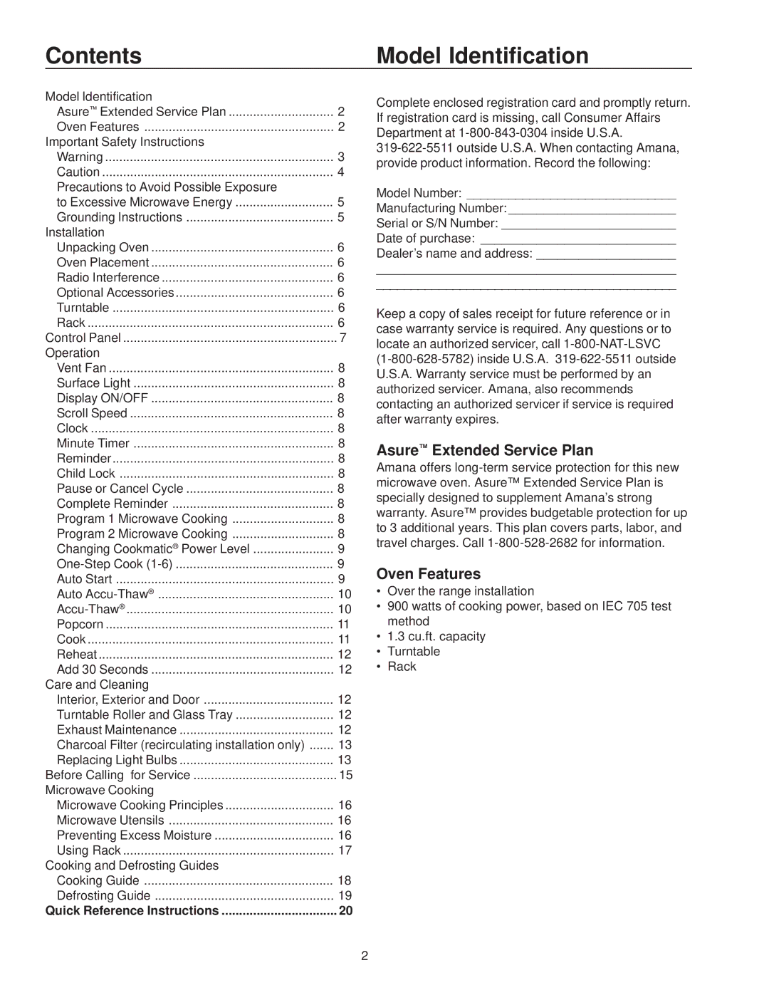 Amana MVH230 owner manual Contents Model Identification 