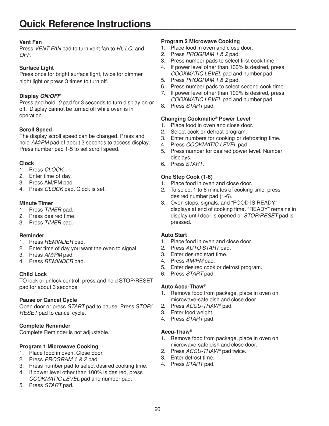 Amana MVH230 owner manual Quick Reference Instructions 