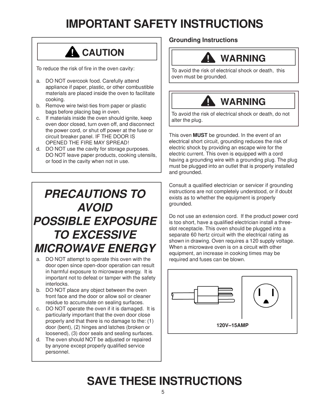 Amana MVH230 owner manual Grounding Instructions, 120V-15AMP 