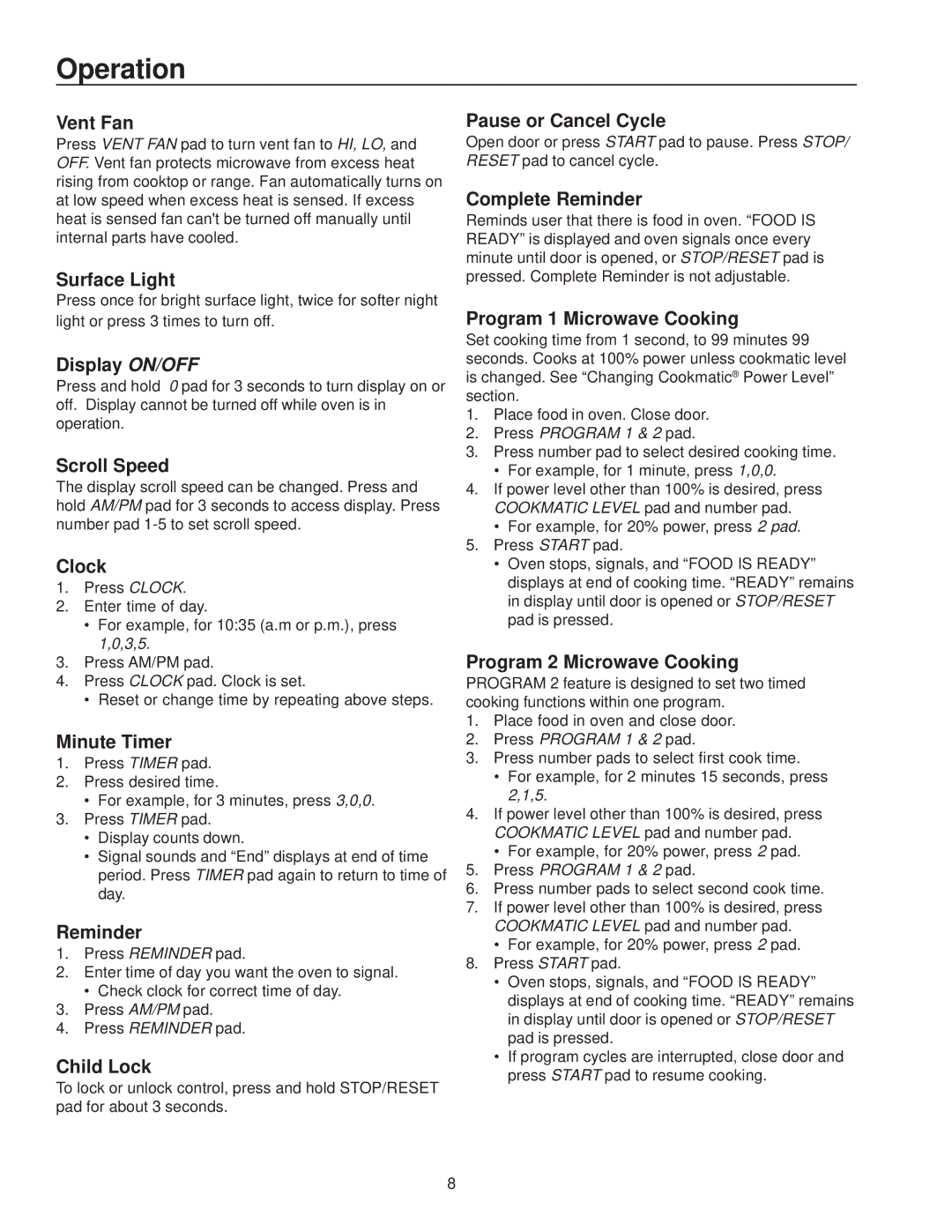 Amana MVH230 owner manual Operation 