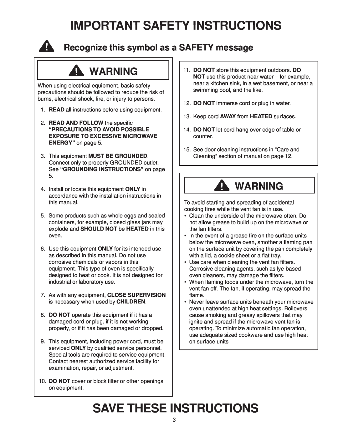 Amana MVH230 owner manual Important Safety Instructions, Save These Instructions, Recognize this symbol as a SAFETY message 