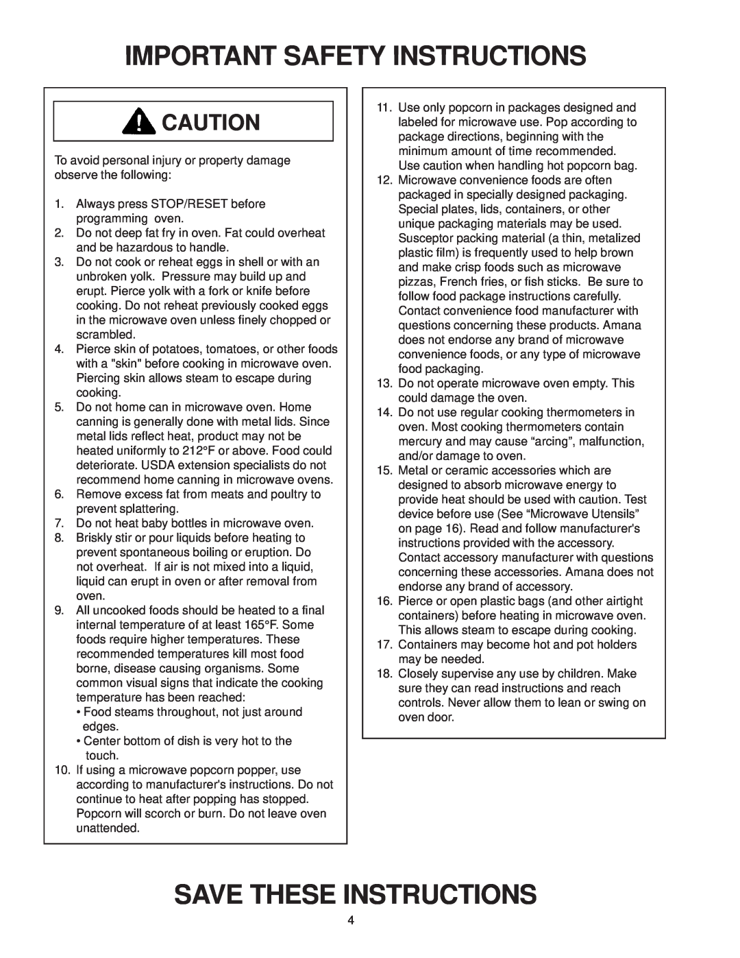 Amana MVH230 Important Safety Instructions, Save These Instructions, Always press STOP/RESET before programming oven 