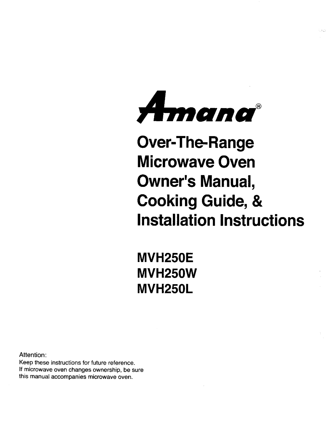 Amana owner manual MVH250E MVH250W MVH250L 