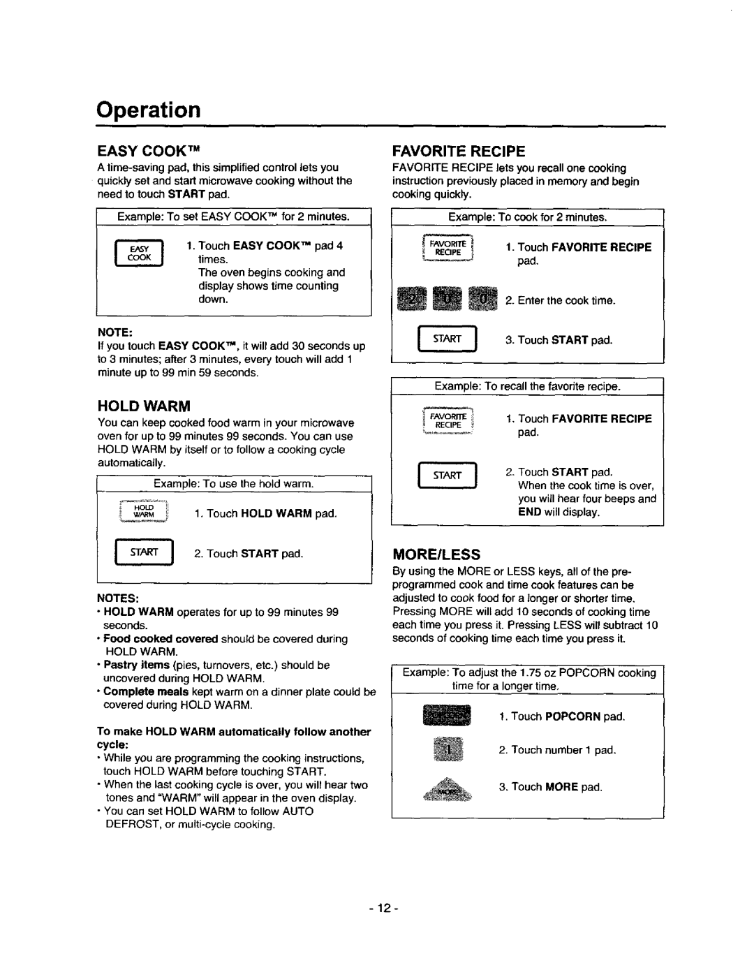 Amana MVH250L, MVH250W owner manual Easy Cook TM, Hold Warm, Favorite Recipe, More/Less 