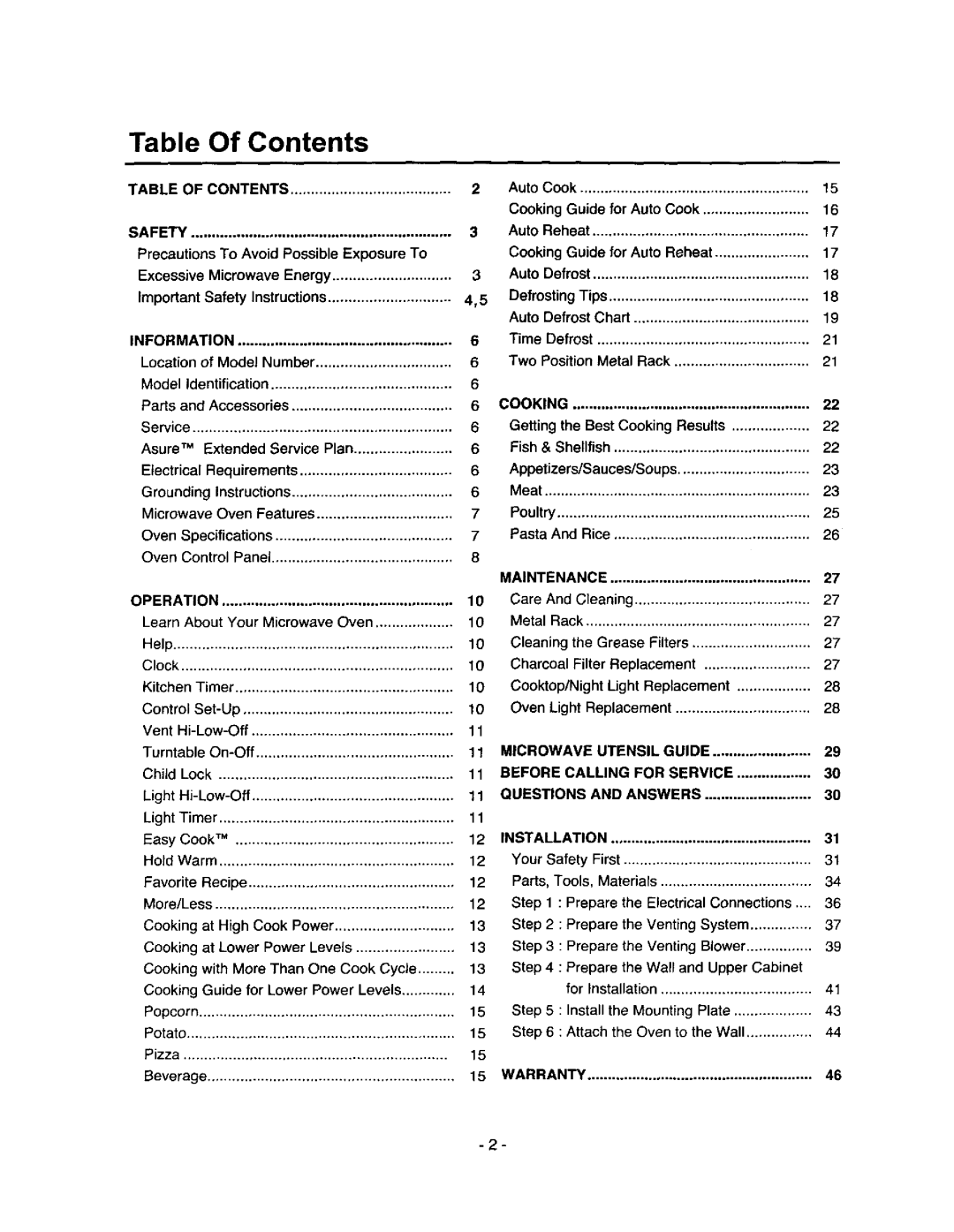 Amana MVH250L, MVH250W owner manual Table Of Contents 