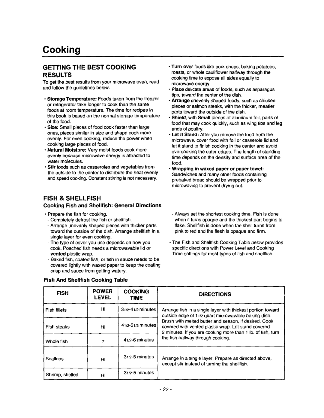 Amana MVH250L Getting the Best Cooking Results, Fish & Shellfish, Cooking Fish and Shellfish General Directions 