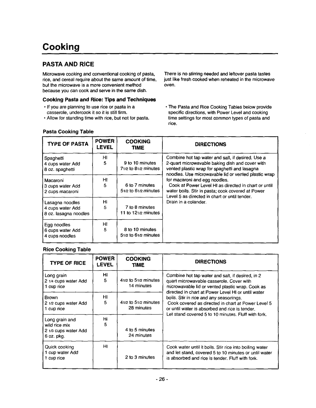 Amana MVH250L, MVH250W owner manual Pasta and Rice, Type of Pasta Power Cooking Level Time, Rice Cooking Table 