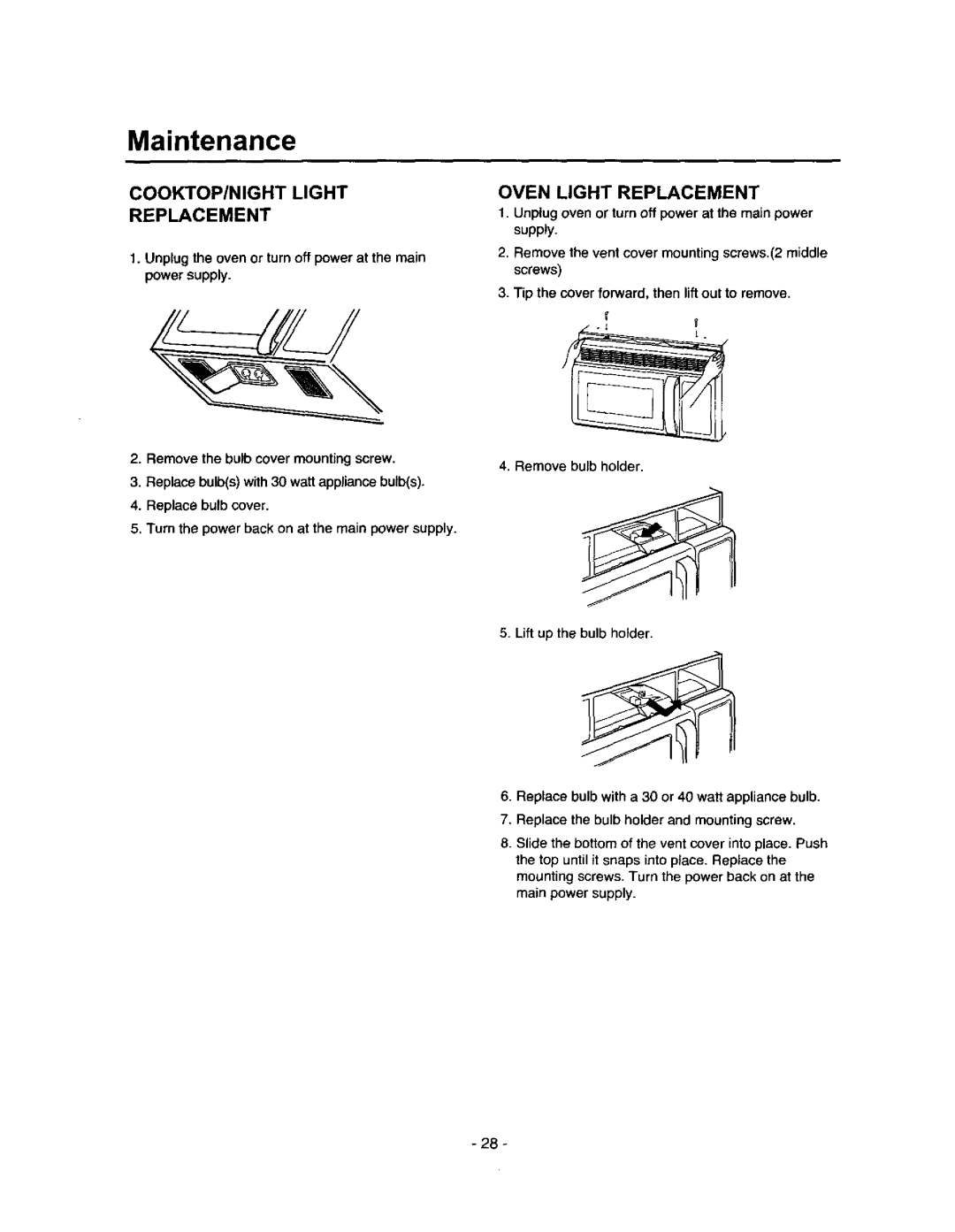 Amana MVH250L, MVH250W owner manual COOKTOP/NIGHT Light Replacement, Oven Light Replacement 