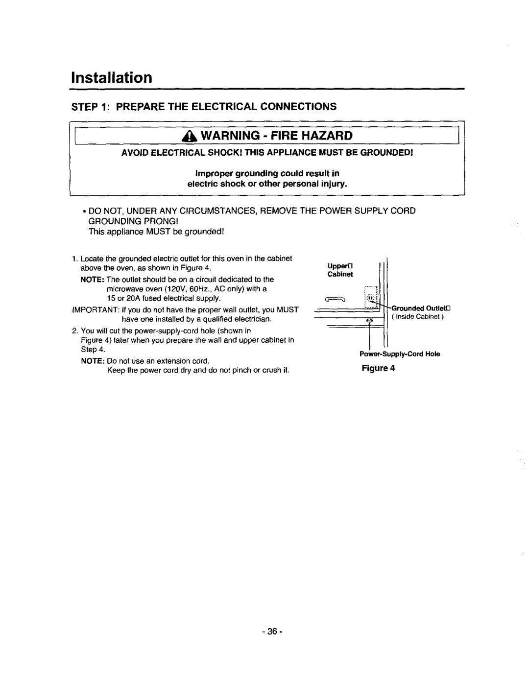 Amana MVH250L Prepare the Electrical Connections, Avoid Electrical SHOCK! this Appliance Must be Grounded, Cabinet Uppern 