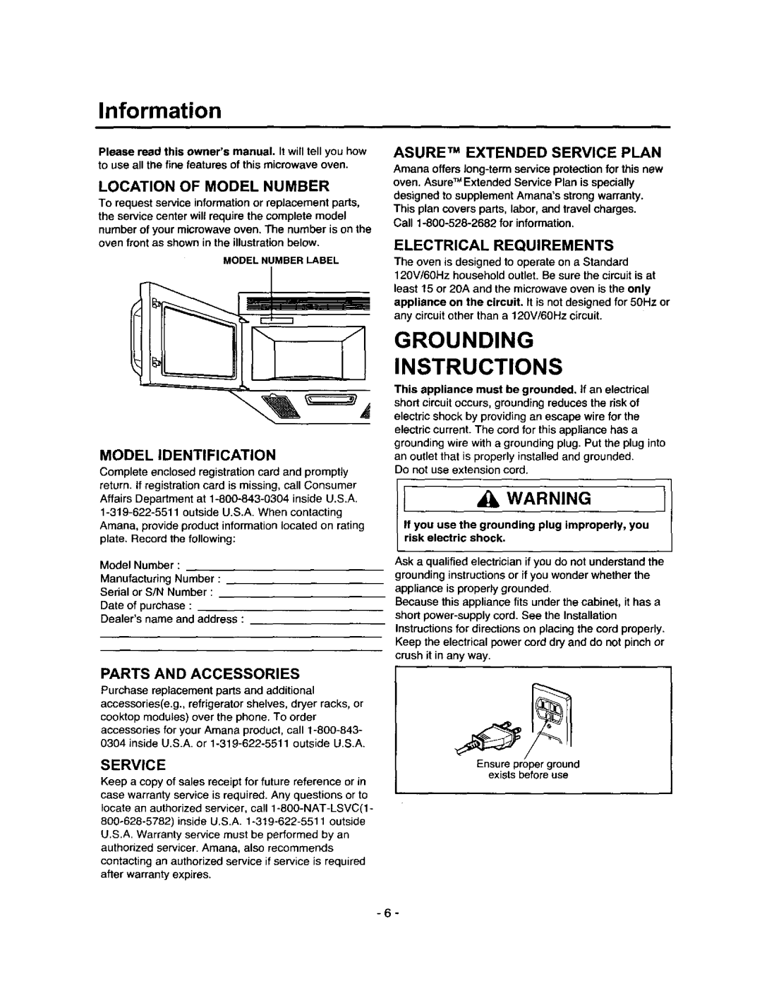 Amana MVH250L Location of Model Number, Model Identification, Parts and Accessories, Service, Electrical Requirements 