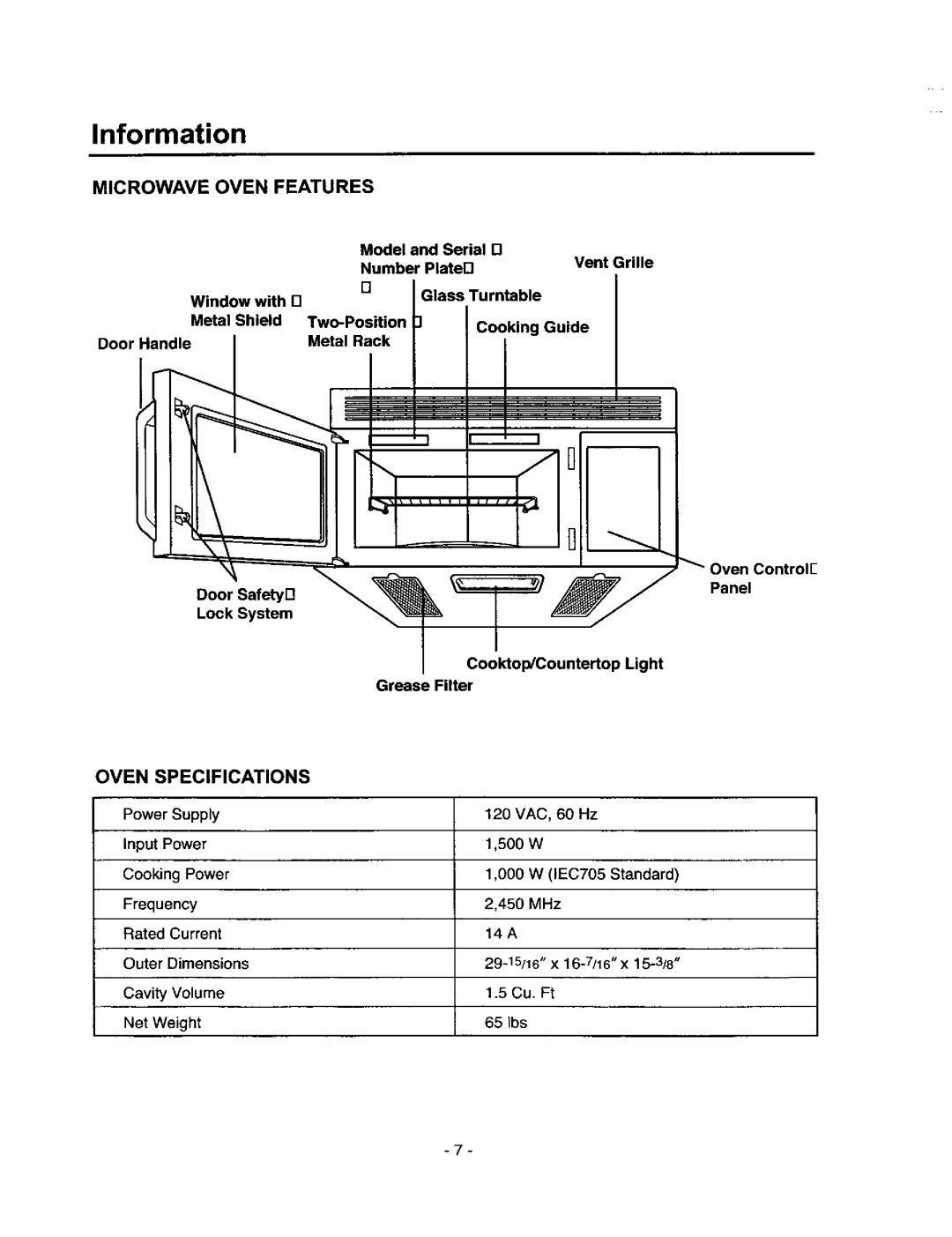 Amana MVH250W, MVH250L Information, Microwave Oven Features, Oven Specifications, Model and Serial D, VAC, 60 Hz 